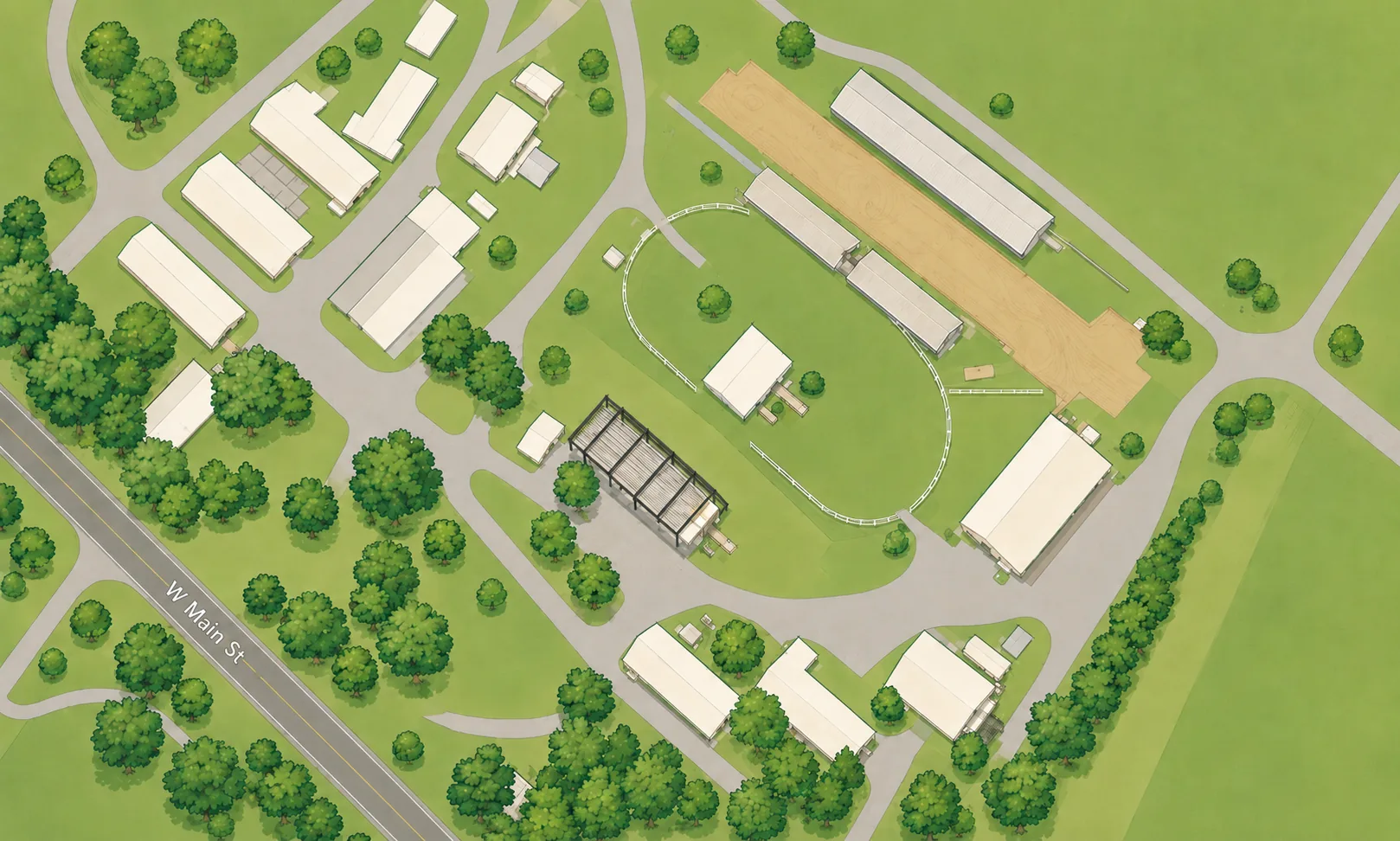 Illustrated overhead map of the Clarke County Ruritan Fairgrounds: vendor barns along the northwest side, the oval show ring and grandstand beside the dirt arena to the northeast, museum sheds at the center, and W Main St running along the southwest edge.